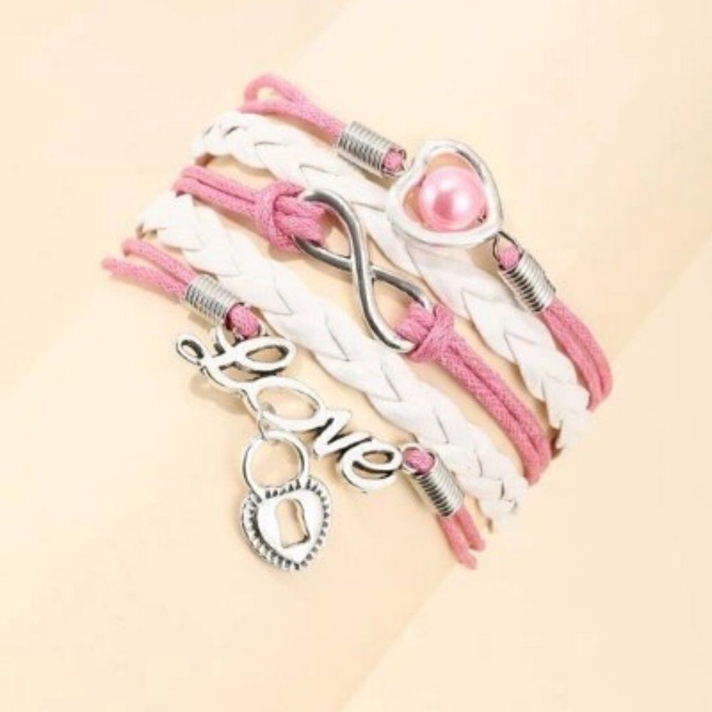 INFINITY LOVE PINK PEARL HEART LOCK LEATHER LAYERED BRACELET IN PINK AND WHITE
